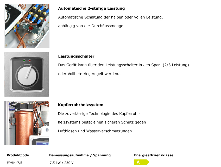 Hydraulischer Durchlauferhitzer EPMH 7,5 kW 230 V~