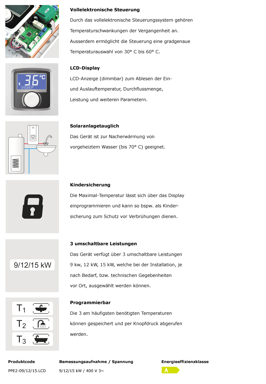 PPE2-9/12/15 kW Durchlauferhitzer