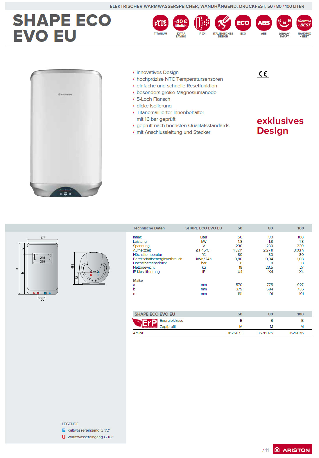 Heisswasserspeicher Ariston SHAPE ECO 50 Liter 1800 Watt